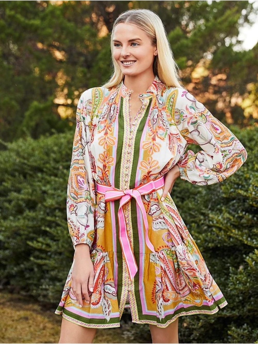 Floral Paisley Print Mini Dress with Pink Tie Belt